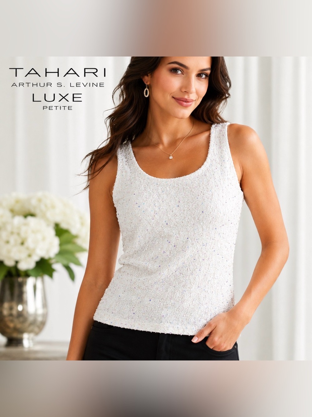 Tahari Luxe Off White Sequin Sleeveless Shell Top Petite 4P Party Glam Evening